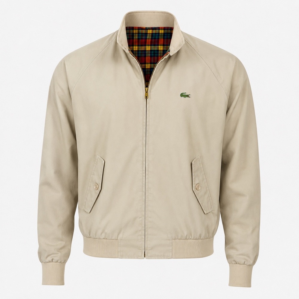 Lacoste Harrington Jacket Mens XL Beige Plaid Lined Vintage Bomber Full Zip Coat